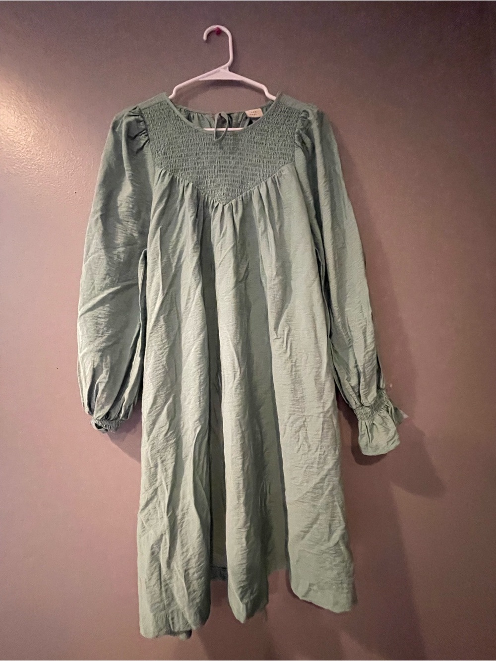 “A new Day” Sage Green Smocked Yoke Long Sleeve Dress